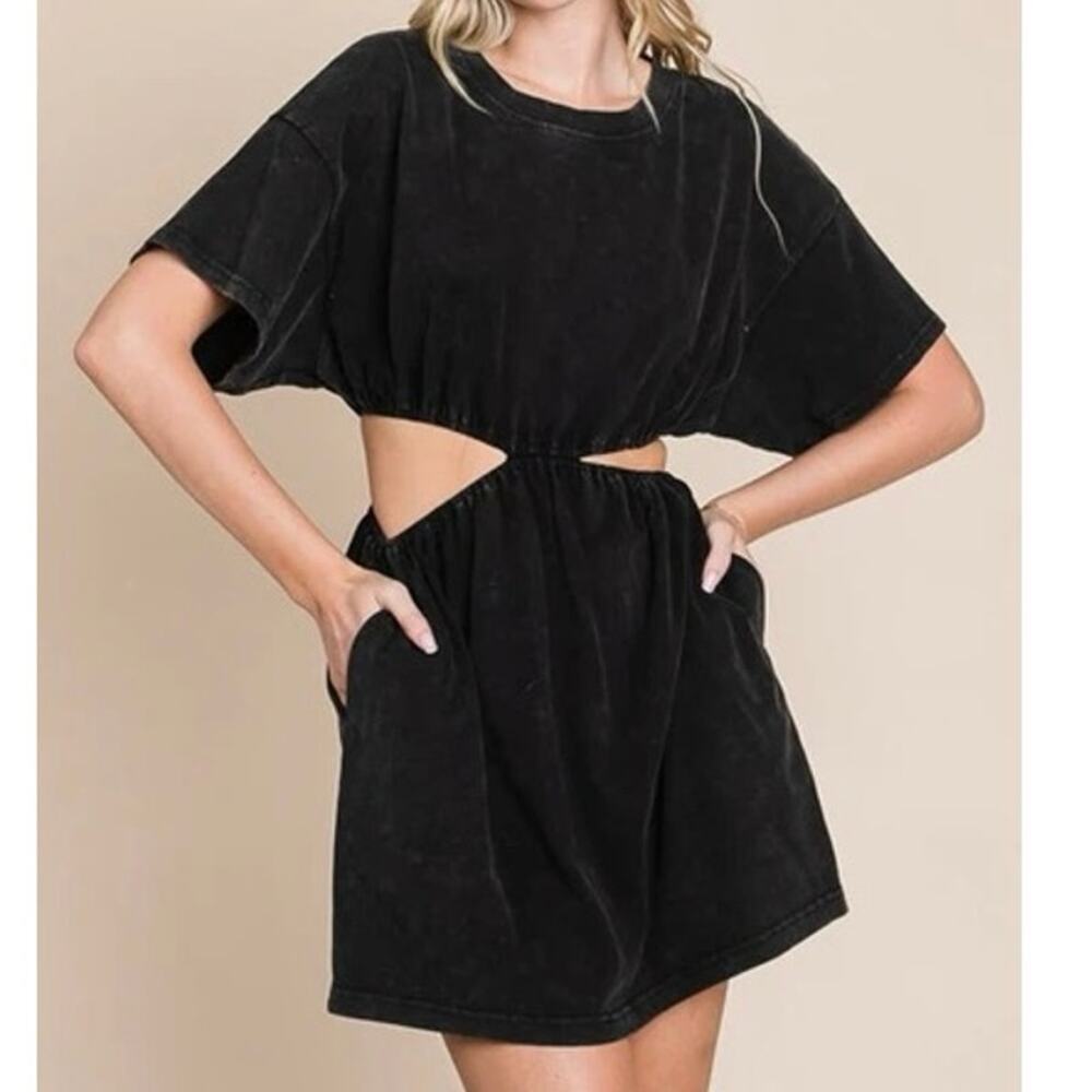 Free People Beach Cutout Waist Washed Black Mini Dress Cotton Oversized Tee S